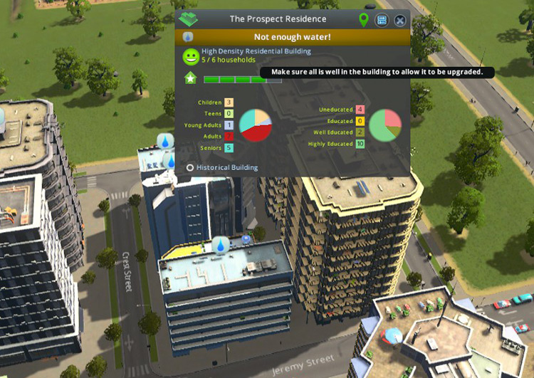 Buildings won’t be able to upgrade if basic services like water, sewage, and electricity are lacking / Cities: Skylines