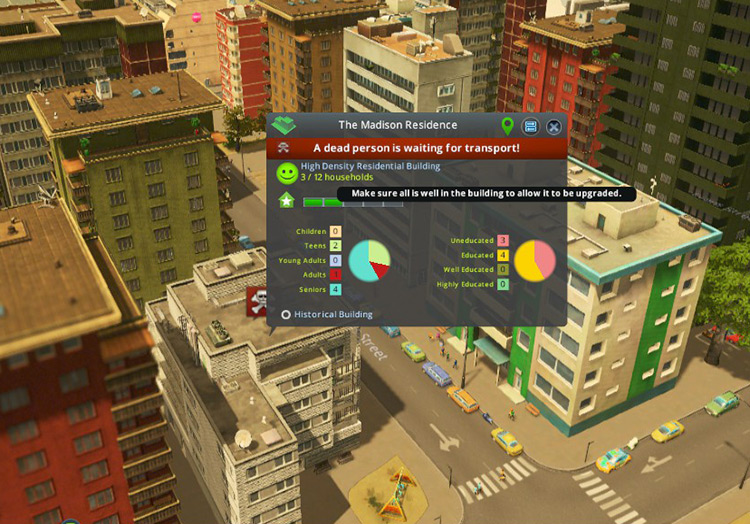 Problems like fire, high crime rate, sickness, or the presence of a dead person prevent a building from being upgraded, so make sure they’re well covered by the necessary services / Cities: Skylines