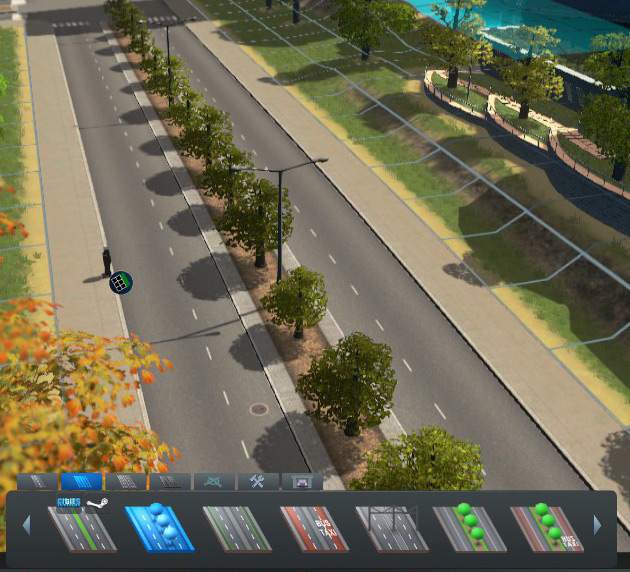 This road type with decorative trees adds to the land value around it / Cities: Skylines