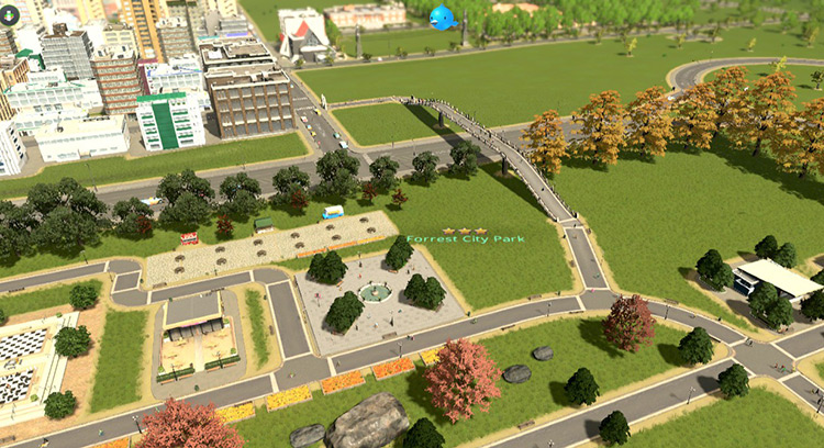 This popular park area has a footbridge that spans a large road, allowing people easy pedestrian access to an office district. / Cities: Skylines
