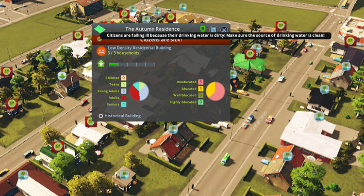All these houses have sick residents due to a contaminated water source. / Cities: Skylines