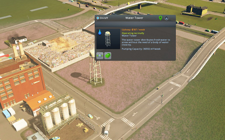 Don't do this! Never put your water tower anywhere else where the ground is this ashy brown color. Your citizens will get sick. / Cities: Skylines