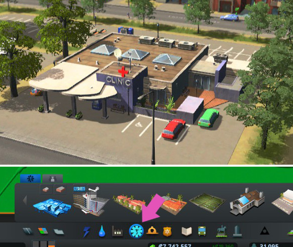 Stop the spread by building a medical clinic. You'll find it in the Healthcare build menu, indicated by the medical symbol. / Cities: Skylines