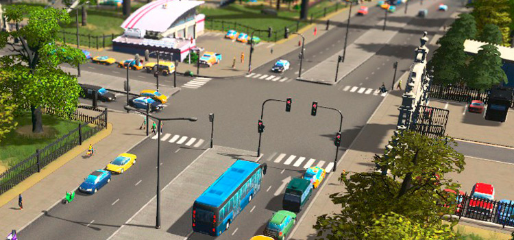 Close-up of a busy roadway in Cities: Skylines