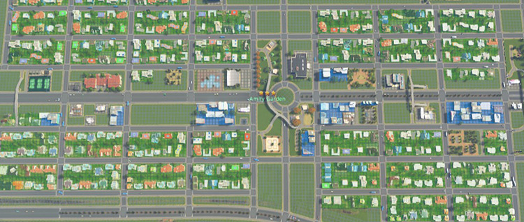 A grid of residential zones with bits of commercial scattered around / Cities: Skylines
