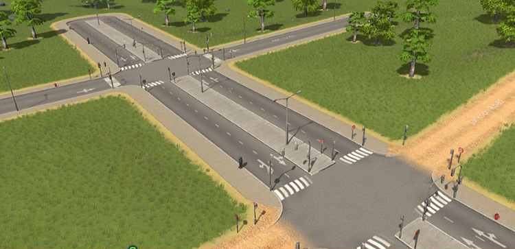 Intersections created on a 4-lane or 6-lane road will always create traffic lights, even if the intersecting road is only 2-lane / Cities: Skylines