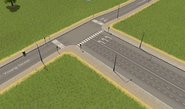 No traffic lights for this T-junction of a 6-lane road and a one-way 2-lane road / Cities: Skylines