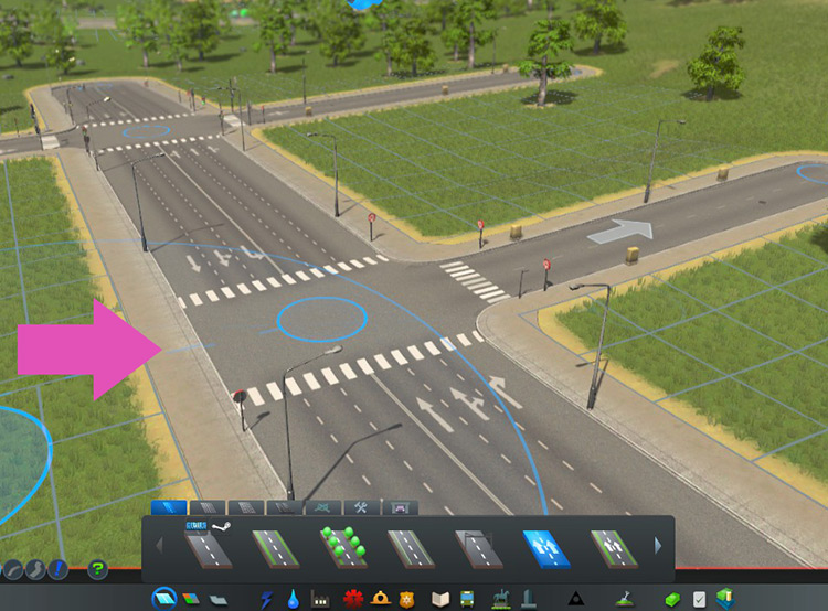 No traffic lights for a 6-lane road turning onto a 2-lane one-way / Cities: Skylines