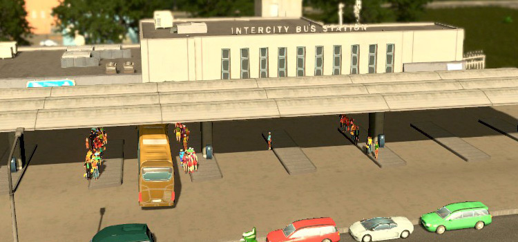 An intercity bus station with a number of waiting passengers (Cities: Skylines)
