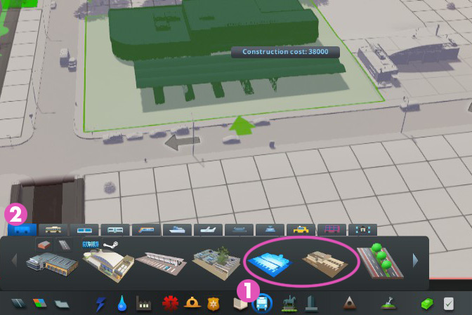 You’ll find both the intercity bus station and terminal in the Buses tab of the Transport menu. / Cities: Skylines