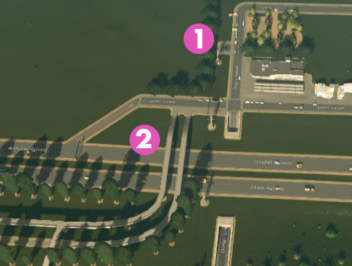 A nearby underground metro station (1) and some elevated pedestrian and bike paths (2) make this station even more accessible for passengers. / Cities: Skylines