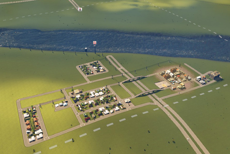 It’s much more cost-effective to keep your starting town small, on one side of the river. / Cities: Skylines