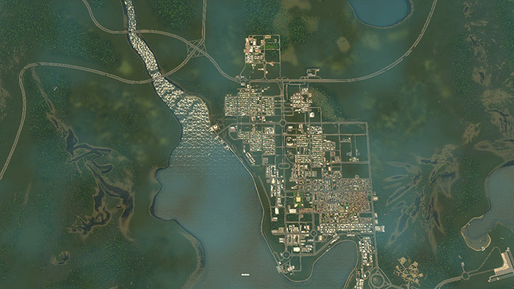 The middle of the map has plenty of buildable space, flanked by the river delta and some mountains. / Cities: Skylines