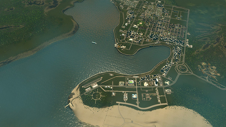 Using the south of the map for tourism, with a harbor and airport near unique buildings and parks. / Cities: Skylines
