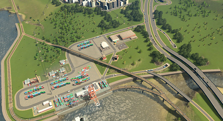 This cargo hub’s access roads lead directly onto and off the highway / Cities: Skylines