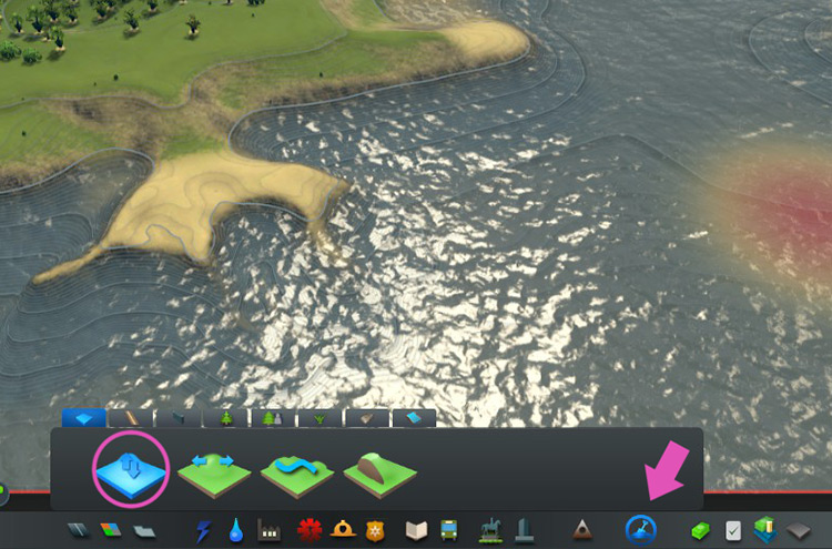 Right-click and drag with the Shift Terrain tool to sink parts of the shoreline / Cities: Skylines