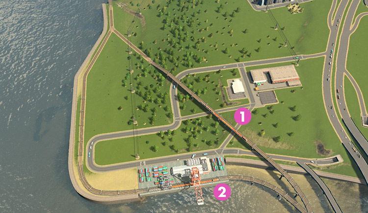 The added section of track allows Train 1 to bypass the harbor area completely / Cities: Skylines