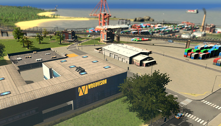 A furniture factory and some storage buildings from the Industries DLC / Cities: Skylines