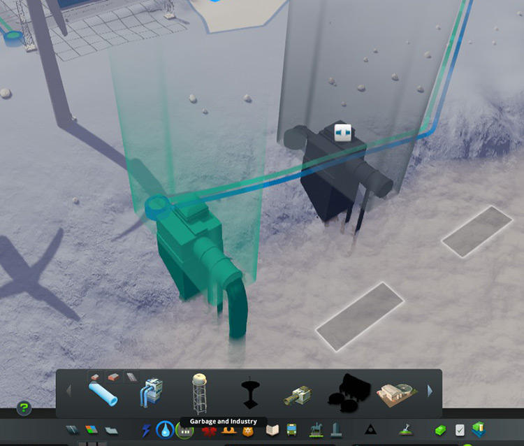The drain pipe on the left is properly connected but the one on the right isn’t; the unconnected one is grayed out and has a broken pipe icon over it. / Cities: Skylines
