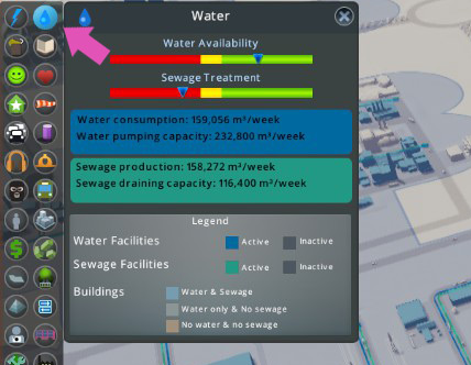 Here you can check the city’s water and sewage capacity, and current usage. / Cities: Skylines