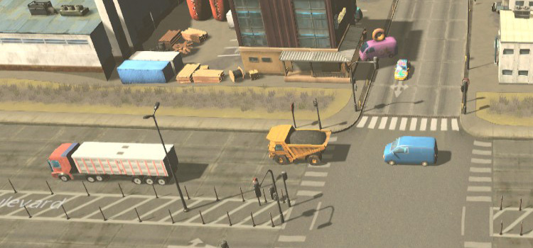 Industrial Zone Traffic with trucks, delivery vans, and private cars (Cities: Skylines)