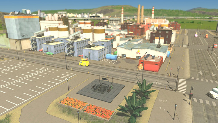 A metro station bringing workers directly to the industry area can reduce traffic significantly. / Cities: Skylines