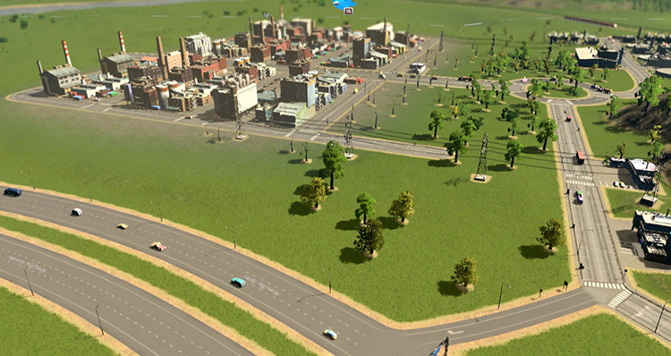 This cluster of industrial buildings has direct access to the highway. / Cities: Skylines