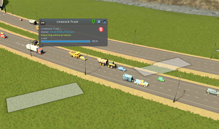 A truck on the highway, about to cross the city limits to export animal products / Cities: Skylines