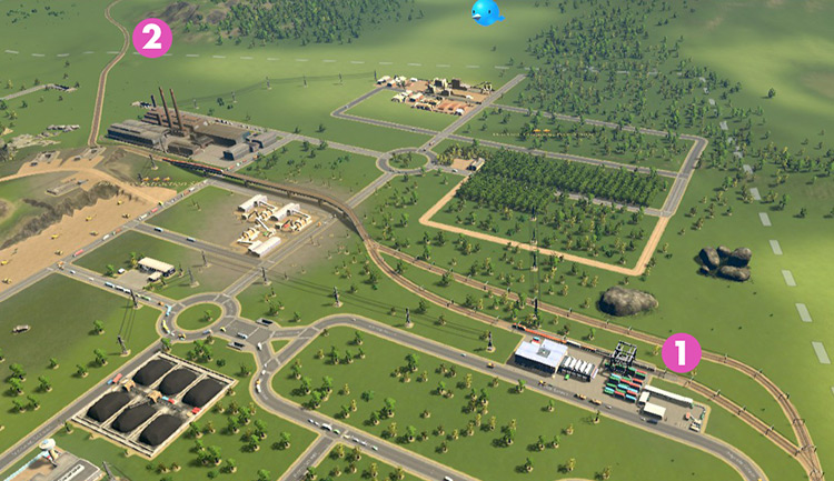 A cargo train terminal (1) must be hooked up to train tracks leading outside the city (2) to be able to export / Cities: Skylines