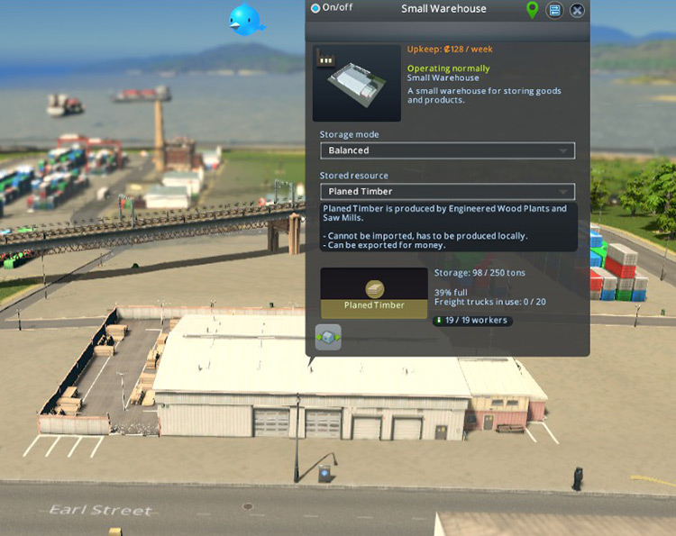 Warehouses can be set to contain resources or finished goods. This small warehouse contains planed timber / Cities: Skylines