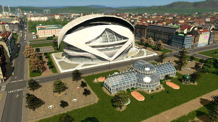 The Opera House (also a unique building), with a botanical garden and some plazas across the street from it. / Cities: Skylines