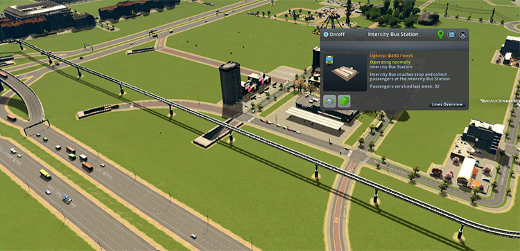 An intercity bus station built near highways. / Cities: Skylines