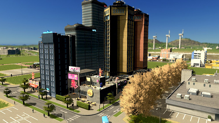 In tourism specialized commercial zones you’ll find plenty of hotels, restaurants, and other establishments ready to serve your city’s visitors. / Cities: Skylines