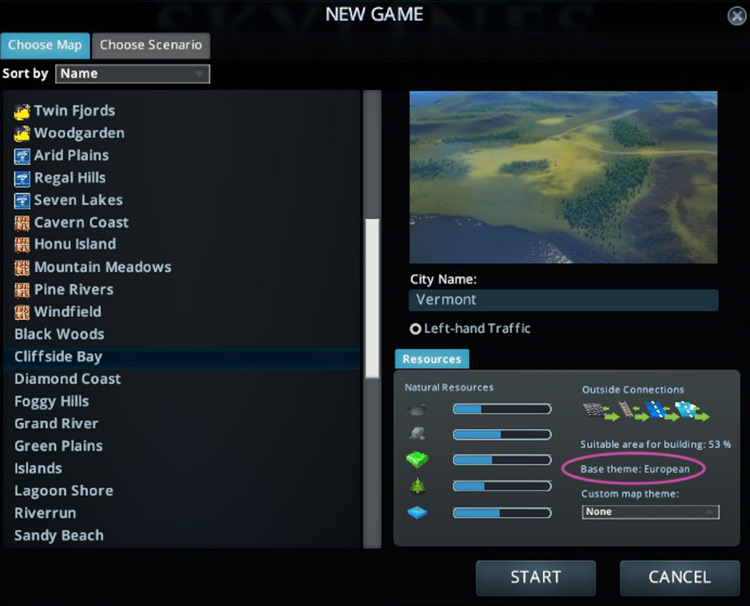 You can check the theme of each map at the start game screen. / Cities: Skylines