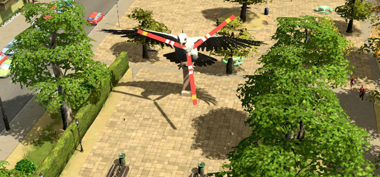 The main feature of the Helipark: a statue of a bird with a propeller in its beak