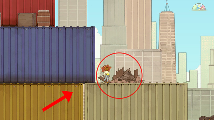 Climb up the yellow shipping container to find the coal node / Spiritfarer