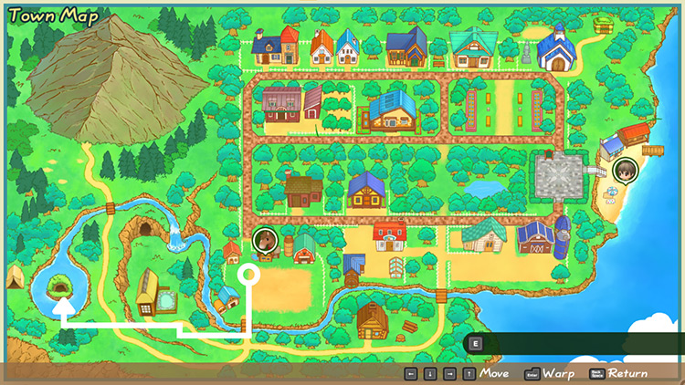 Map of Mineral Town with directions to the mountain lake / SoS: FoMT