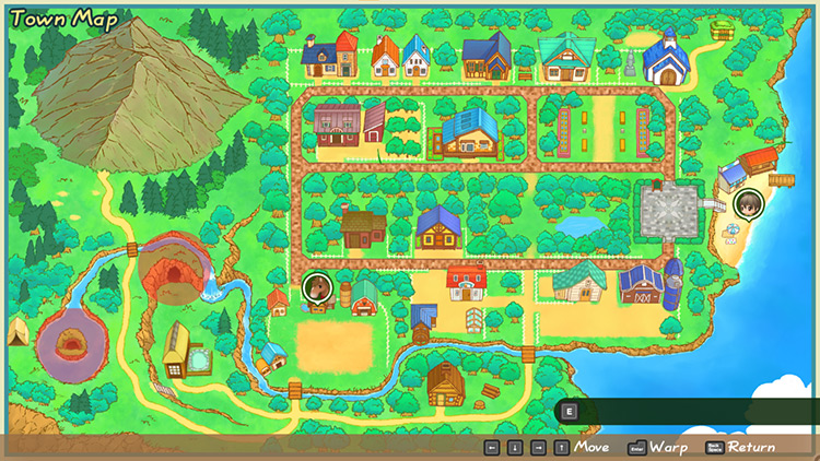 Map of Mineral Town with the Spring and Lake Mine highlighted / SoS: FoMT