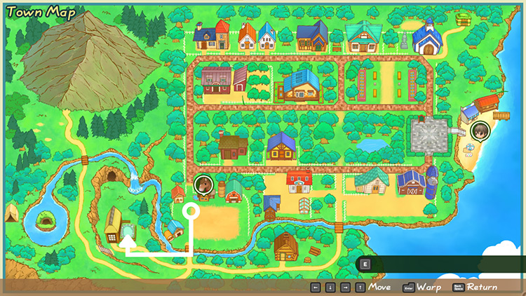 Map of Mineral Town with directions to the Hot Spring / SoS: FoMT