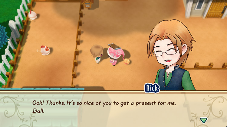 The farmer gifts a Chocolate bar to Rick / Story of Seasons: FoMT