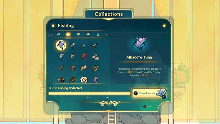 Collecting 17 fishes for Susan’s Museum will reward you with 2 diamonds / Spiritfarer
