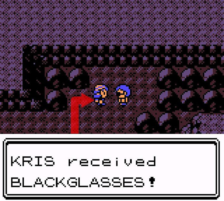 Receiving BlackGlasses from a man wearing sunglasses in the Dark Cave / Pokémon Crystal