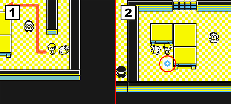 Standing near a Scientist at the bottom of the 9th floor (Left) and Standing next to a teleporter. (Right) / Pokémon Yellow