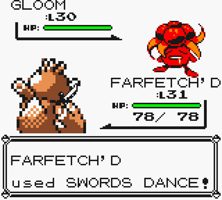 Farfetch’d using Swords Dance against a wild Gloom / Pokémon Yellow