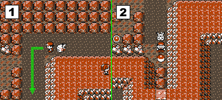 Standing at the edge of a giant rock on the 3rd floor (Left) and standing above the Pokéball containing TM47. (Right) / Pokémon Yellow