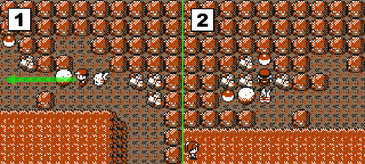 Standing behind a boulder near the top of floor 1 (Left) and standing next to the Pokéball containing TM43. (Right) / Pokémon Yellow