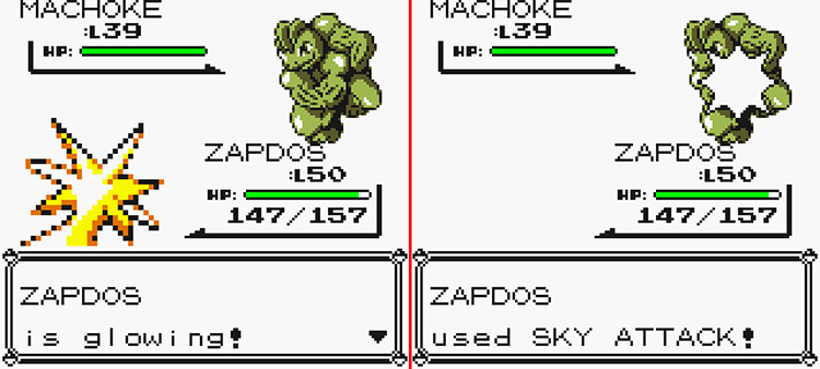 Zapdos using Sky Attack against a wild Machoke. Charging on turn 1 (left) and attacking on turn 2. (right) / Pokémon Yellow