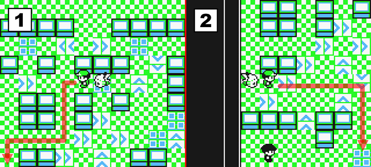 Standing in the middle of a bunch of arrow panels (Left) and standing next to a right arrow panel under a set of blocks. (Right) / Pokémon Yellow