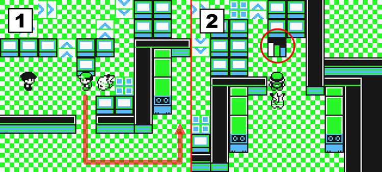 Standing near a rocket near the bottom of the room (Left) and standing in front of a staircase leading to the 4th basement floor. (Right) / Pokémon Yellow