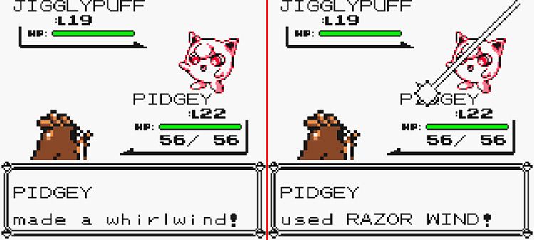 Pidgey using Razor Wind against a wild Jigglypuff. Charging on turn 1 (left) and attacking on turn 2. (right) / Pokémon Yellow